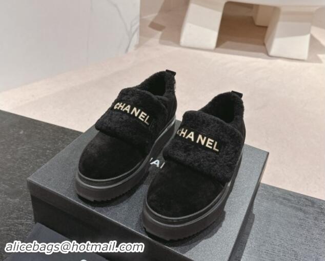 Pretty Style Chanel Suede and Wool Fur Loafers Black 015071