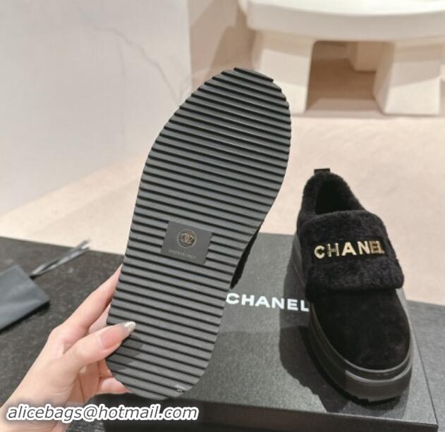 Pretty Style Chanel Suede and Wool Fur Loafers Black 015071