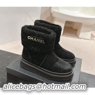 Top Grade Chanel Suede and Wool Fur Platform Ankle Boots Black 1015072