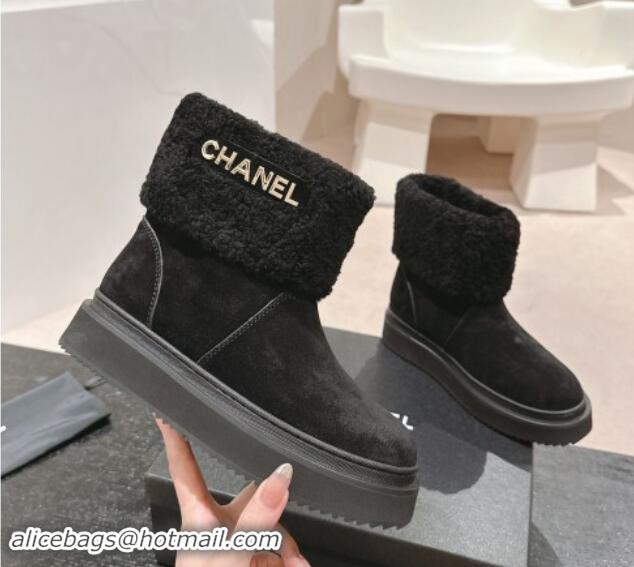 Top Grade Chanel Suede and Wool Fur Platform Ankle Boots Black 1015072