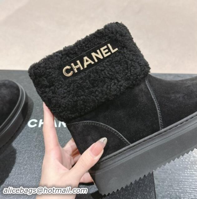 Top Grade Chanel Suede and Wool Fur Platform Ankle Boots Black 1015072