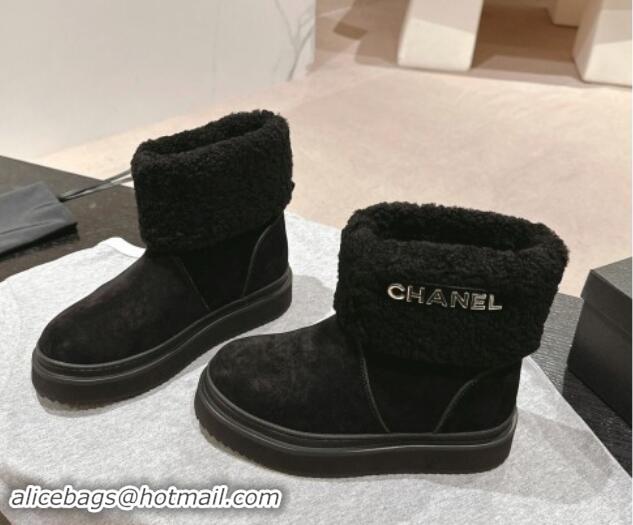 Top Grade Chanel Suede and Wool Fur Platform Ankle Boots Black 1015072