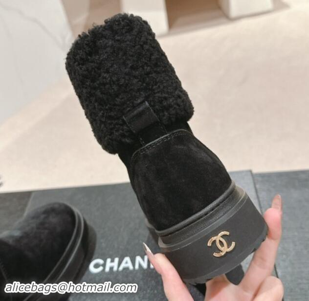 Top Grade Chanel Suede and Wool Fur Platform Ankle Boots Black 1015072