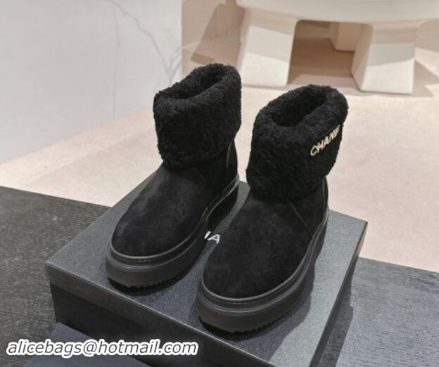 Top Grade Chanel Suede and Wool Fur Platform Ankle Boots Black 1015072