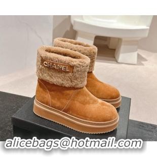 Unique Style Chanel Suede and Wool Fur Platform Ankle Boots Brown 015073