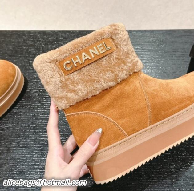 Unique Style Chanel Suede and Wool Fur Platform Ankle Boots Brown 015073