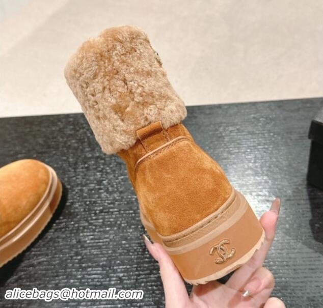 Unique Style Chanel Suede and Wool Fur Platform Ankle Boots Brown 015073