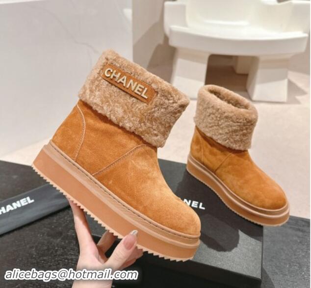 Unique Style Chanel Suede and Wool Fur Platform Ankle Boots Brown 015073