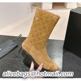 Good Quality Chanel Quilted Suede Medium Boots Dark Beige 015074