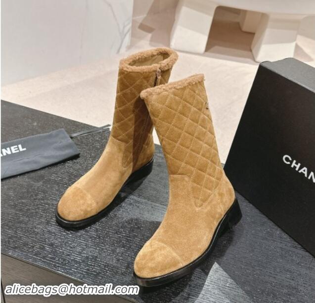 Good Quality Chanel Quilted Suede Medium Boots Dark Beige 015074