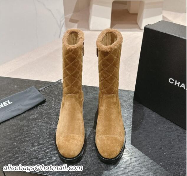 Good Quality Chanel Quilted Suede Medium Boots Dark Beige 015074