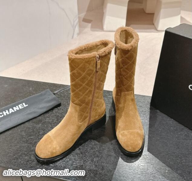 Good Quality Chanel Quilted Suede Medium Boots Dark Beige 015074