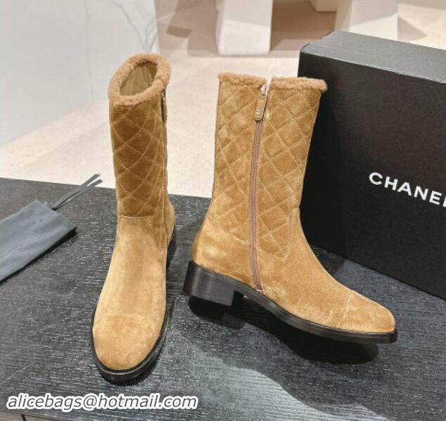 Good Quality Chanel Quilted Suede Medium Boots Dark Beige 015074