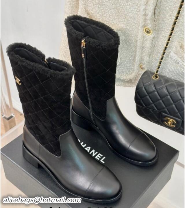 Shop Duplicate Chanel Quilted Suede and Leather Medium Boots Black 015075