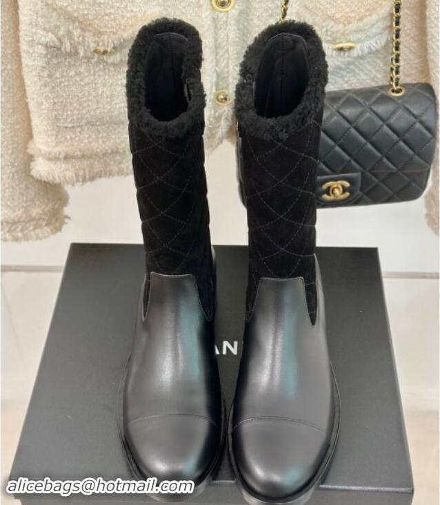 Shop Duplicate Chanel Quilted Suede and Leather Medium Boots Black 015075