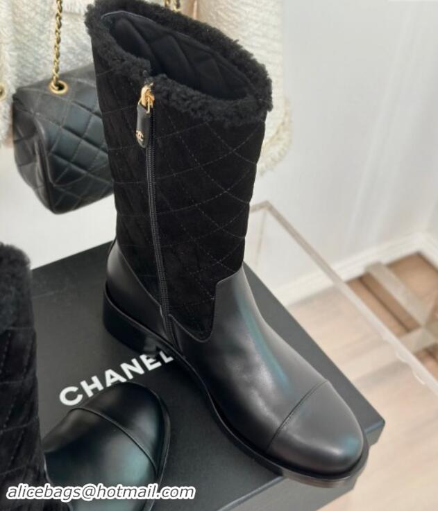 Shop Duplicate Chanel Quilted Suede and Leather Medium Boots Black 015075