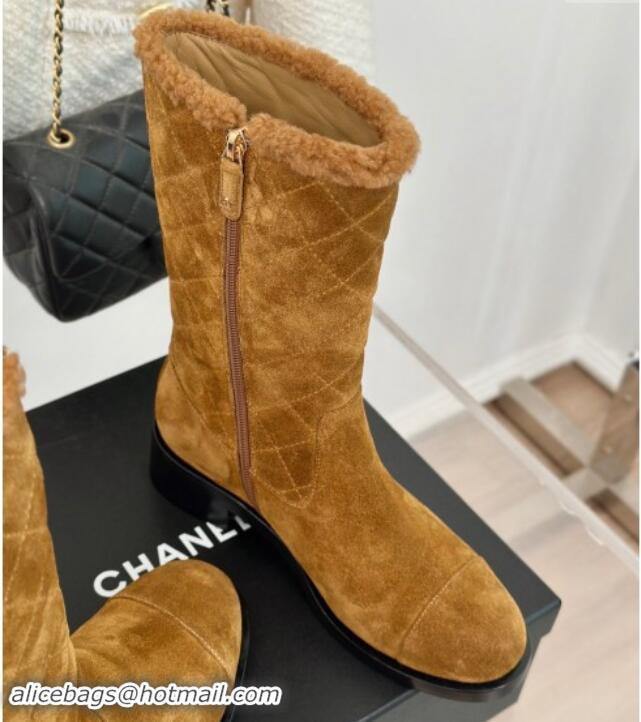 Grade Quality Chanel Quilted Suede Medium Boots Brown 1015076