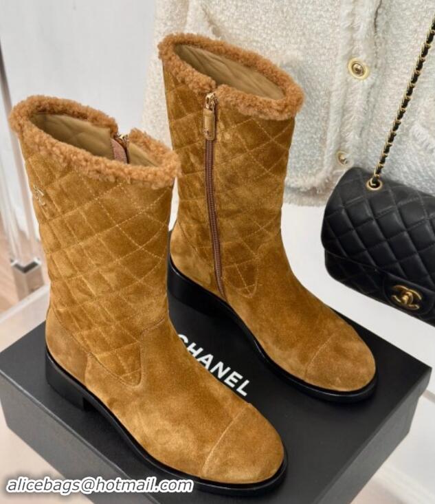 Grade Quality Chanel Quilted Suede Medium Boots Brown 1015076