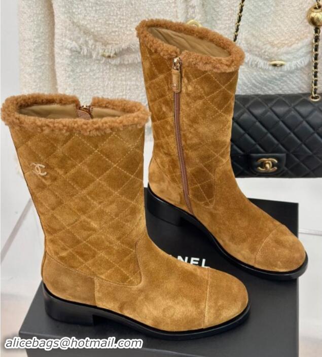 Grade Quality Chanel Quilted Suede Medium Boots Brown 1015076