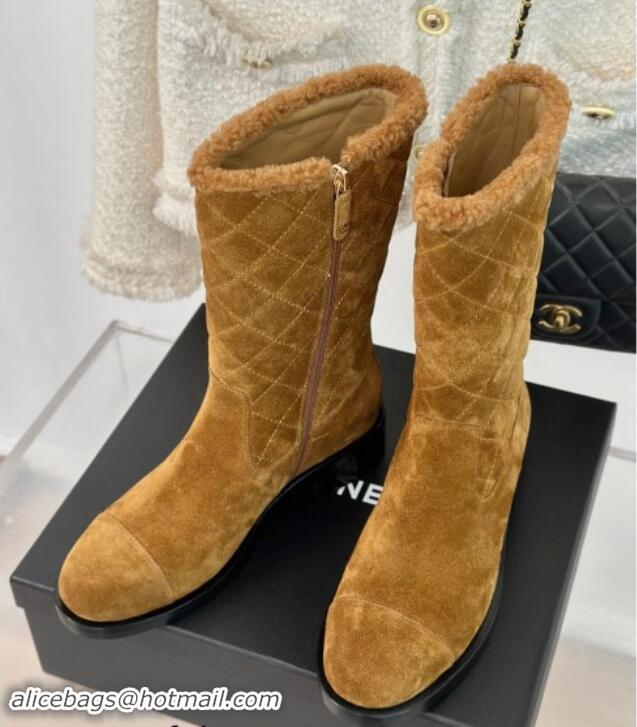 Grade Quality Chanel Quilted Suede Medium Boots Brown 1015076