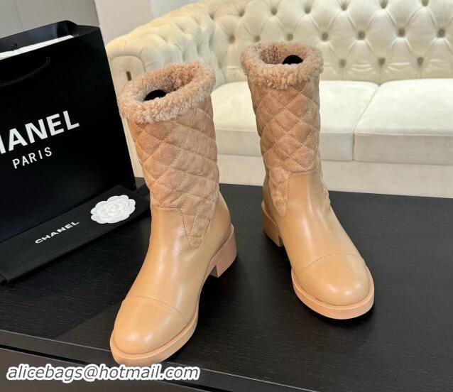 Durable Chanel Quilted Suede and Calfskin Medium Boots 4.5cm Beige 1015077