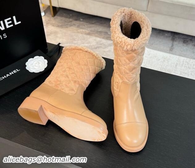 Durable Chanel Quilted Suede and Calfskin Medium Boots 4.5cm Beige 1015077