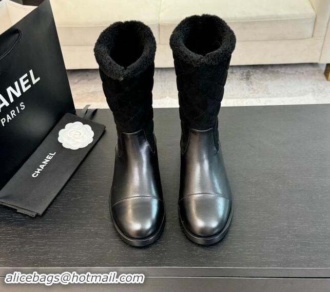 Best Grade Chanel Suede and Shiny Calfskin Medium Boots 4.5cm Black 015080