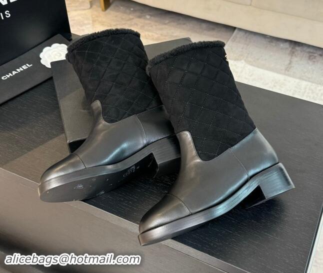 Best Grade Chanel Suede and Shiny Calfskin Medium Boots 4.5cm Black 015080