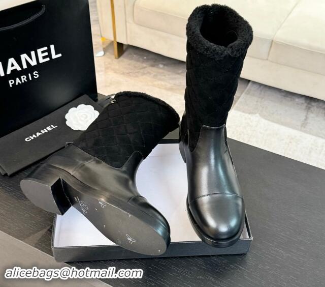 Best Grade Chanel Suede and Shiny Calfskin Medium Boots 4.5cm Black 015080