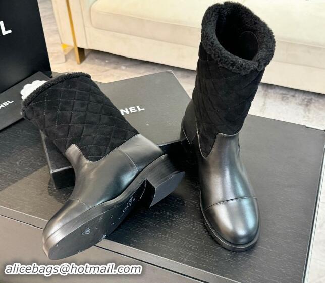 Best Grade Chanel Suede and Shiny Calfskin Medium Boots 4.5cm Black 015080