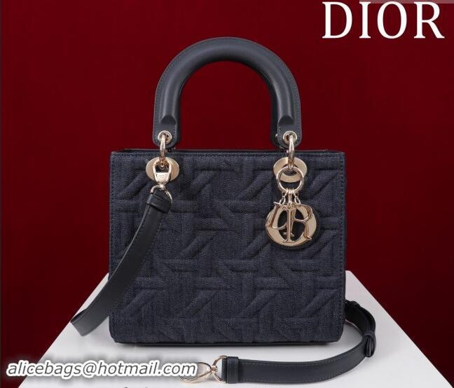 Top Grade Dior Medium Lady Dior Bag in Graphic Cannage Denim 1029 Blue 2024