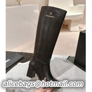 Good Quality Chanel Black Calfskin Heel High Boots with Slide Logo 1015081