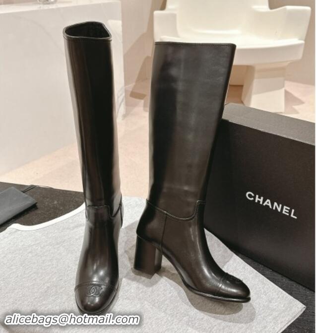 Good Quality Chanel Black Calfskin Heel High Boots with Slide Logo 1015081