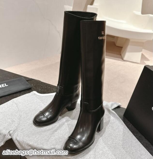 Good Quality Chanel Black Calfskin Heel High Boots with Slide Logo 1015081