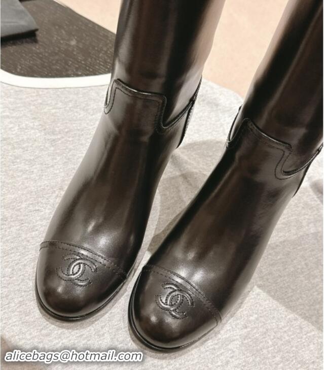 Good Quality Chanel Black Calfskin Heel High Boots with Slide Logo 1015081