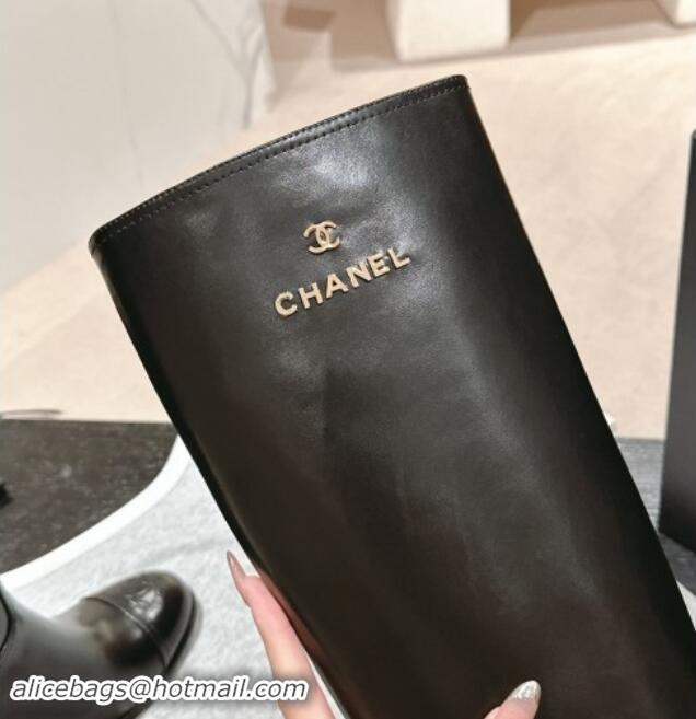 Good Quality Chanel Black Calfskin Heel High Boots with Slide Logo 1015081