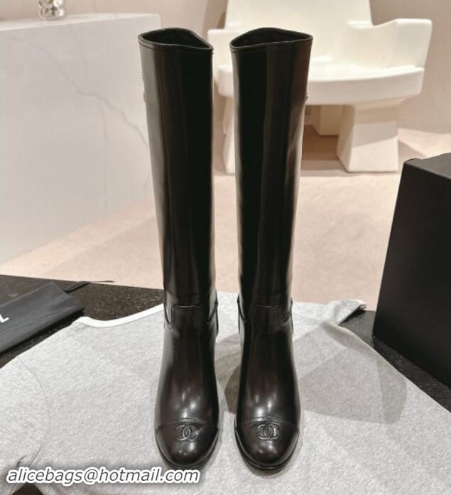 Good Quality Chanel Black Calfskin Heel High Boots with Slide Logo 1015081