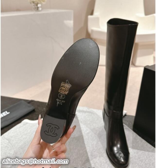 Good Quality Chanel Black Calfskin Heel High Boots with Slide Logo 1015081