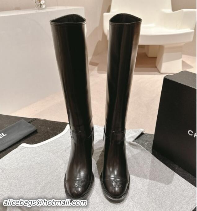 Low Price Chanel Black Shiny Calfskin Heel High Boots 1015082