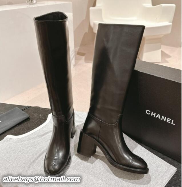 Low Price Chanel Black Shiny Calfskin Heel High Boots 1015082