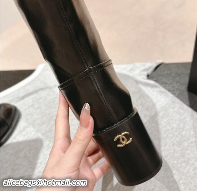 Low Price Chanel Black Shiny Calfskin Heel High Boots 1015082