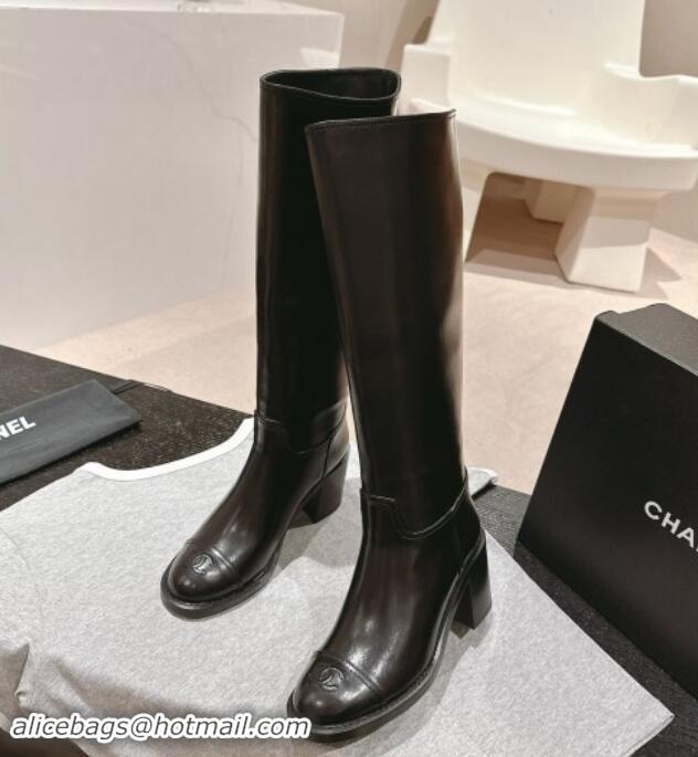 Low Price Chanel Black Shiny Calfskin Heel High Boots 1015082