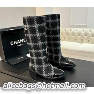 Luxurious Chanel Tweed Heel High Boots 3cm Black/Grey 1015083