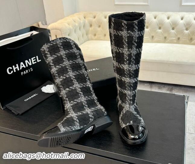 Luxurious Chanel Tweed Heel High Boots 3cm Black/Grey 1015083