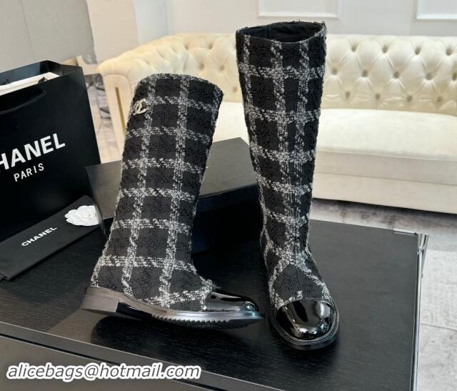 Luxurious Chanel Tweed Heel High Boots 3cm Black/Grey 1015083