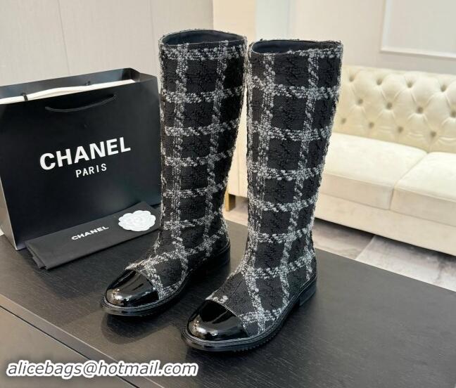 Luxurious Chanel Tweed Heel High Boots 3cm Black/Grey 1015083