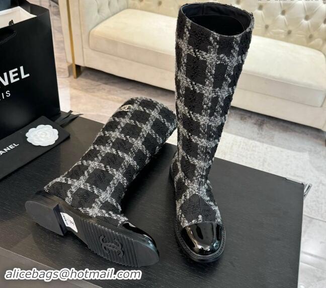 Luxurious Chanel Tweed Heel High Boots 3cm Black/Grey 1015083