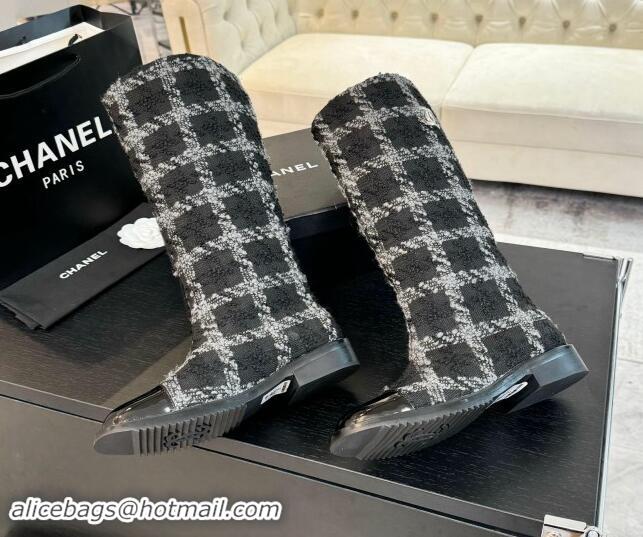 Luxurious Chanel Tweed Heel High Boots 3cm Black/Grey 1015083