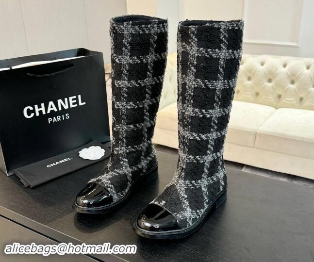 Luxurious Chanel Tweed Heel High Boots 3cm Black/Grey 1015083