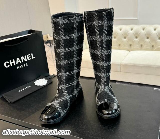 Luxurious Chanel Tweed Heel High Boots 3cm Black/Grey 1015083